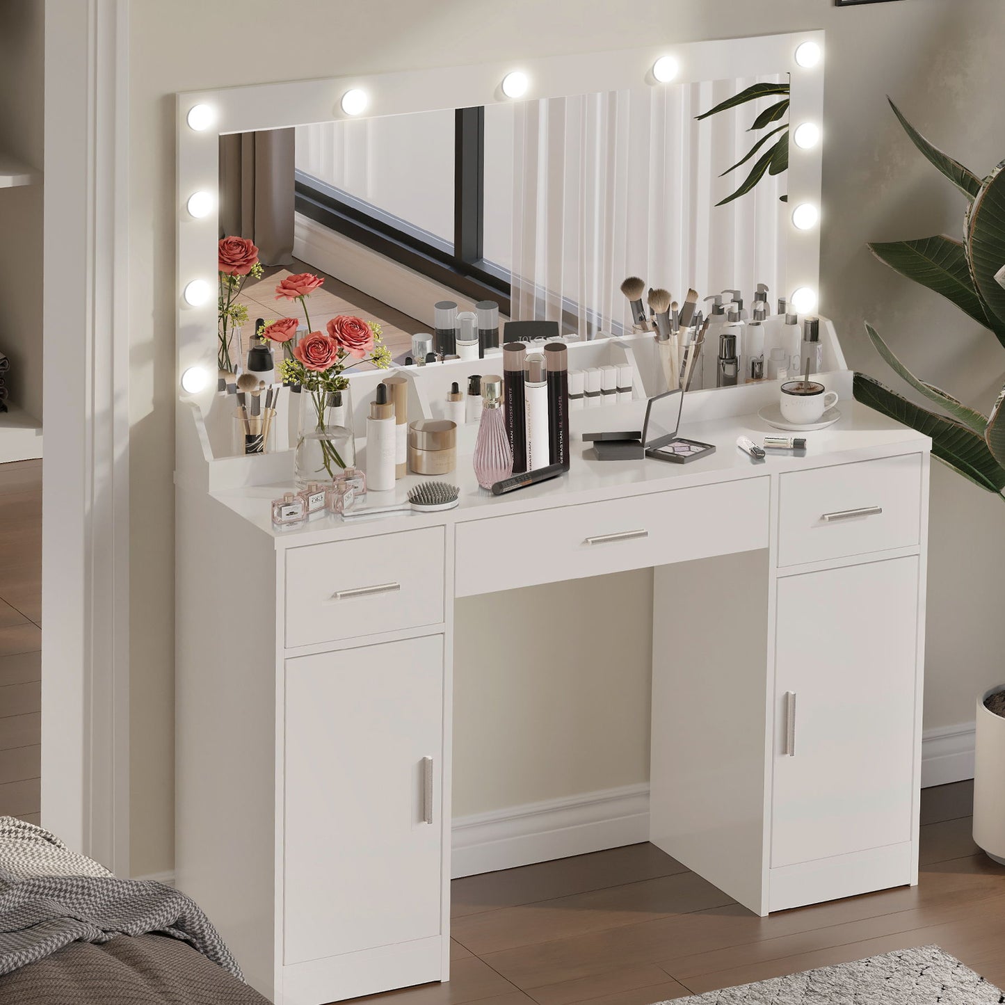 47.2" Vanity Desk With Large Mirror, 3 Colour Lighting Modes, Adjustable Brightness, Dresser With 3 Drawers & 2 Vertical Cabinets, Makeup Vanity Table For Women & Girls - White