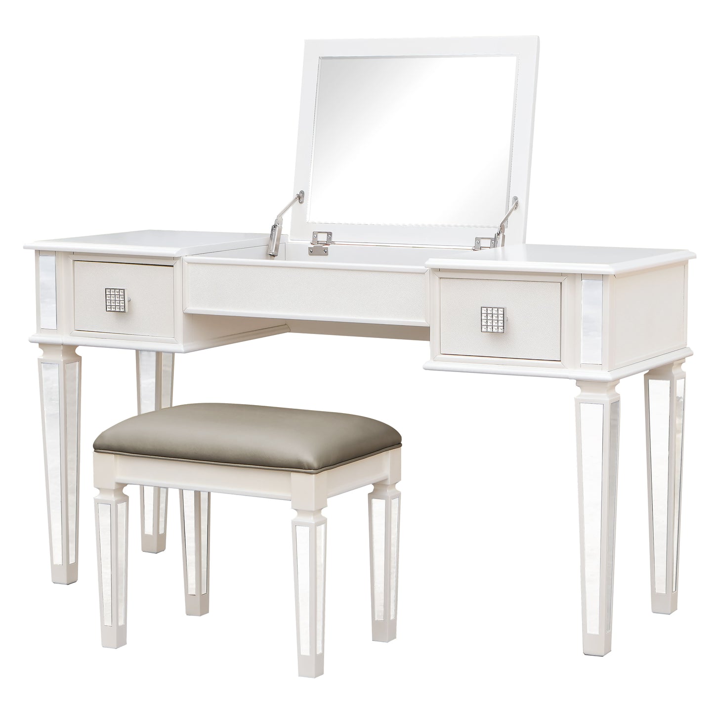 Elegant Mirrored Vanity Desk Set With Drawers And Flip Up Mirror, Silver Finish, Glass And Wood - White