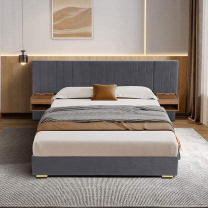 Upholstered Queen Size Bed Frame Of Velvet Tufted Headboard With Floating Nightstand LED / USB Built - Gray