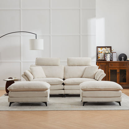 Modern Corduroy, Loveseat Sofa, Deep Seat Sectional Sofa With Ottomans Comfortable Cloud Sofa For Living Room, Apartment, Office, Couch - Beige