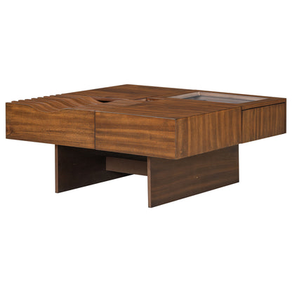 Mid Century Modern Coffee Table, Unique Square Wooden Coffee Table With 3 Drawers, Tempered Glass And Solid Wood Legs For Living Room - Brown