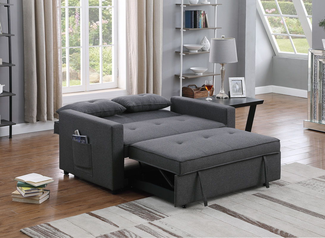 Zoey - Linen Convertible Sleeper Loveseat With Side Pocket - Dark Gray