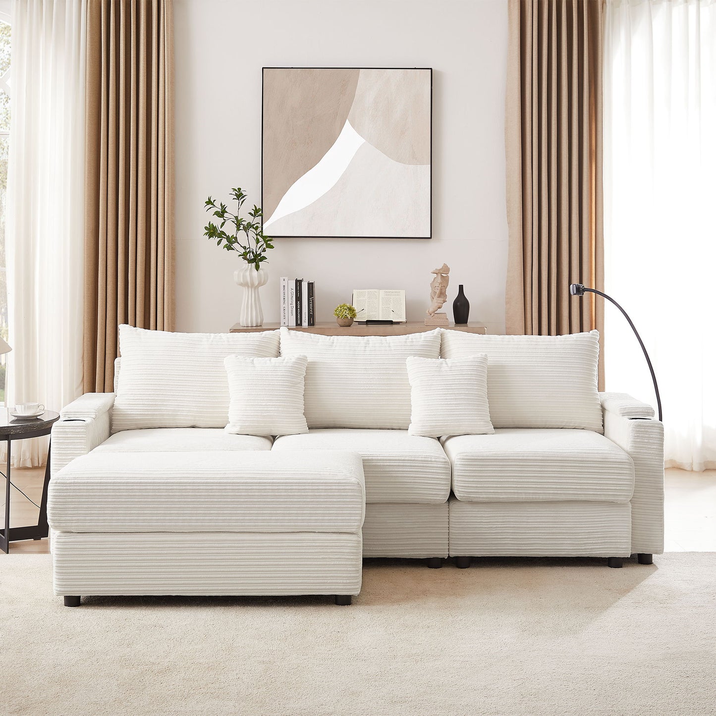 Modern Style 3 Seater Sofa Sectional Sofa Couch With Storage Space, A Movable Ottoman, Two USB Ports, Two Cup Holders, A Phone Holder For Living Room - Beige