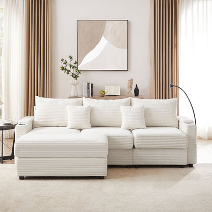 Modern Style 3 Seater Sofa Sectional Sofa Couch With Storage Space, A Movable Ottoman, Two USB Ports, Two Cup Holders, A Phone Holder For Living Room - Beige