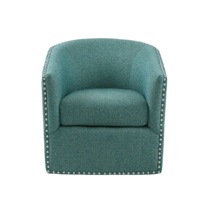 Swivel Chair With Foam Cushion And Pewter Nailhead Trim Upholstery, Solid Wood Frame - Green