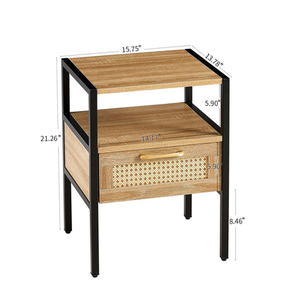 Rattan End Table With Drawer, Modern Nightstand, Metal Legs, Side Table For Living Room, Bedroom - Natural