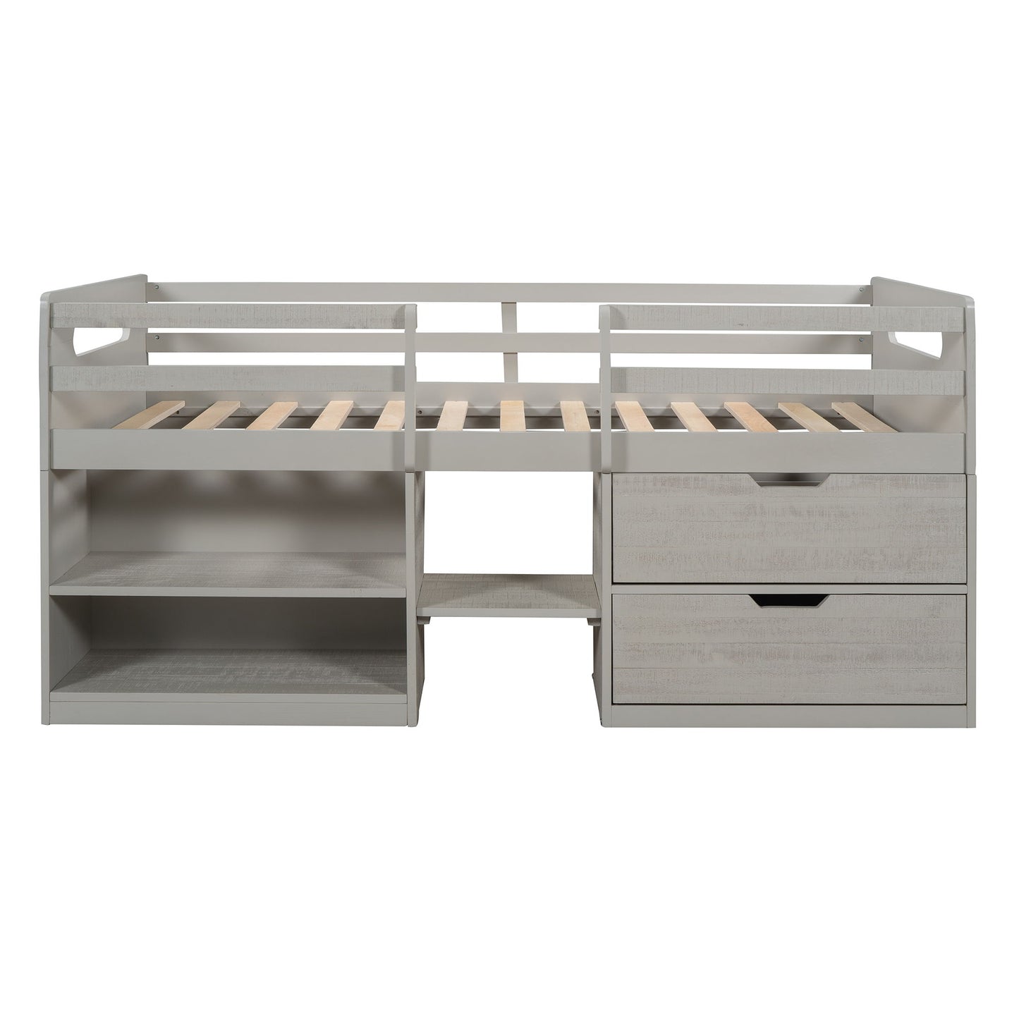 Twin Size Loft Bed With Two Shelves And Two Drawers - Antique Gray