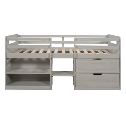 Twin Size Loft Bed With Two Shelves And Two Drawers - Antique Gray