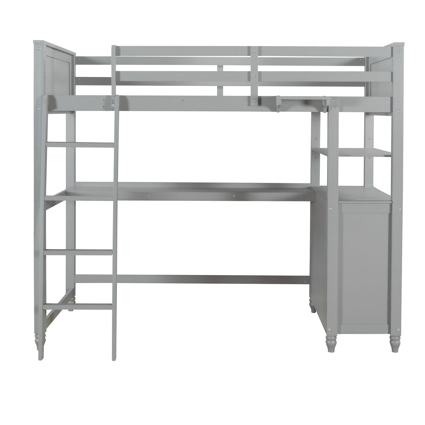 Twin Size Loft Bed With Drawers And Desk, With Shelves - Gray