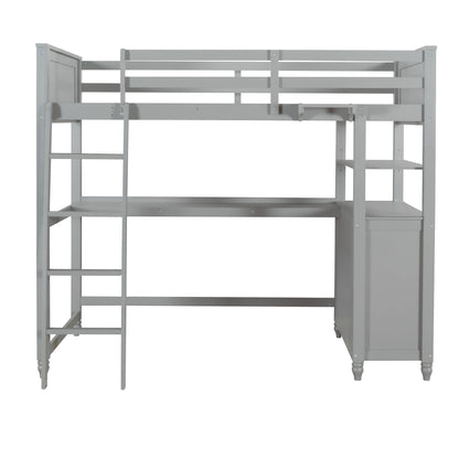 Twin Size Loft Bed With Drawers And Desk, With Shelves - Gray