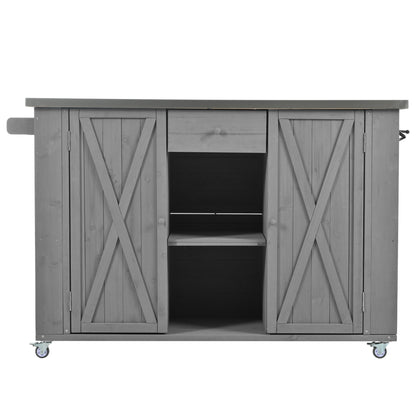 Outdoor Kitchen Island Fir Wood Kitchen Island With Stainless Steel Top, Ample Storage Space, Towel And Spice Racks And A Bottle Opener For Outdoor - Gray