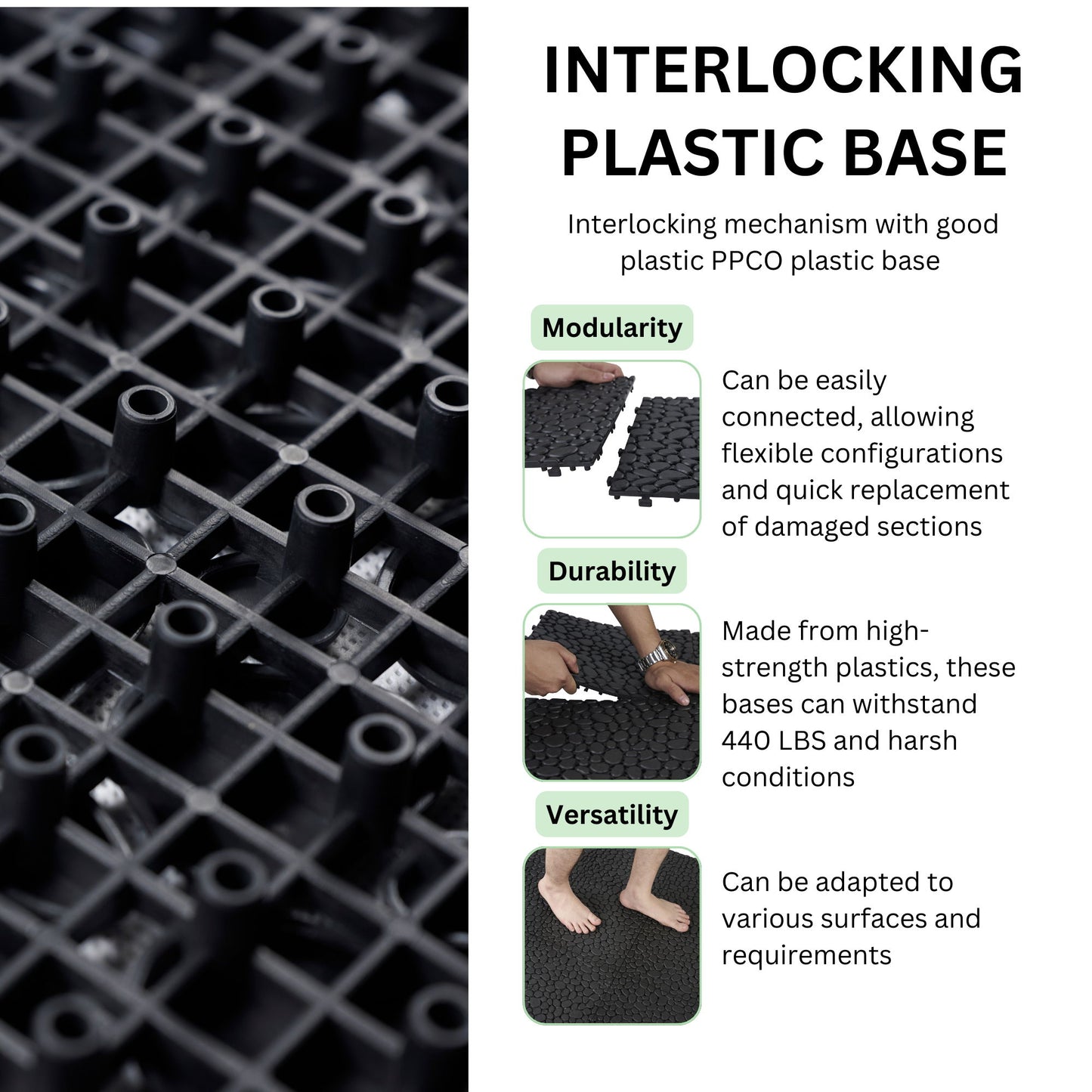 Interlocking Deck Tiles Plastic Waterproof Outdoor All Weather Anti-Slip Bathroom Shower Balcony Porch Strong Weight Capacity Upto 440 Lbs, Pebble Stone Pattern Pack Of 12 - Black