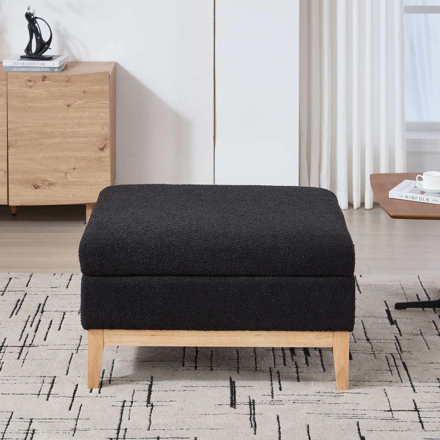 Upholstered Storage Ottoman With Reversible Lid Coffee Table, Foot Stool Square Footrest With Rubberwood Legs For Living Room Bedroom Entryway And Office - Black