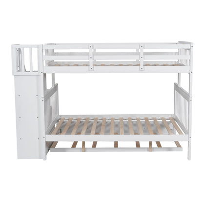 Twin Over Full Bunk Bed With Twin Size Trundle, Storage And Guard Rail For Bedroom - White
