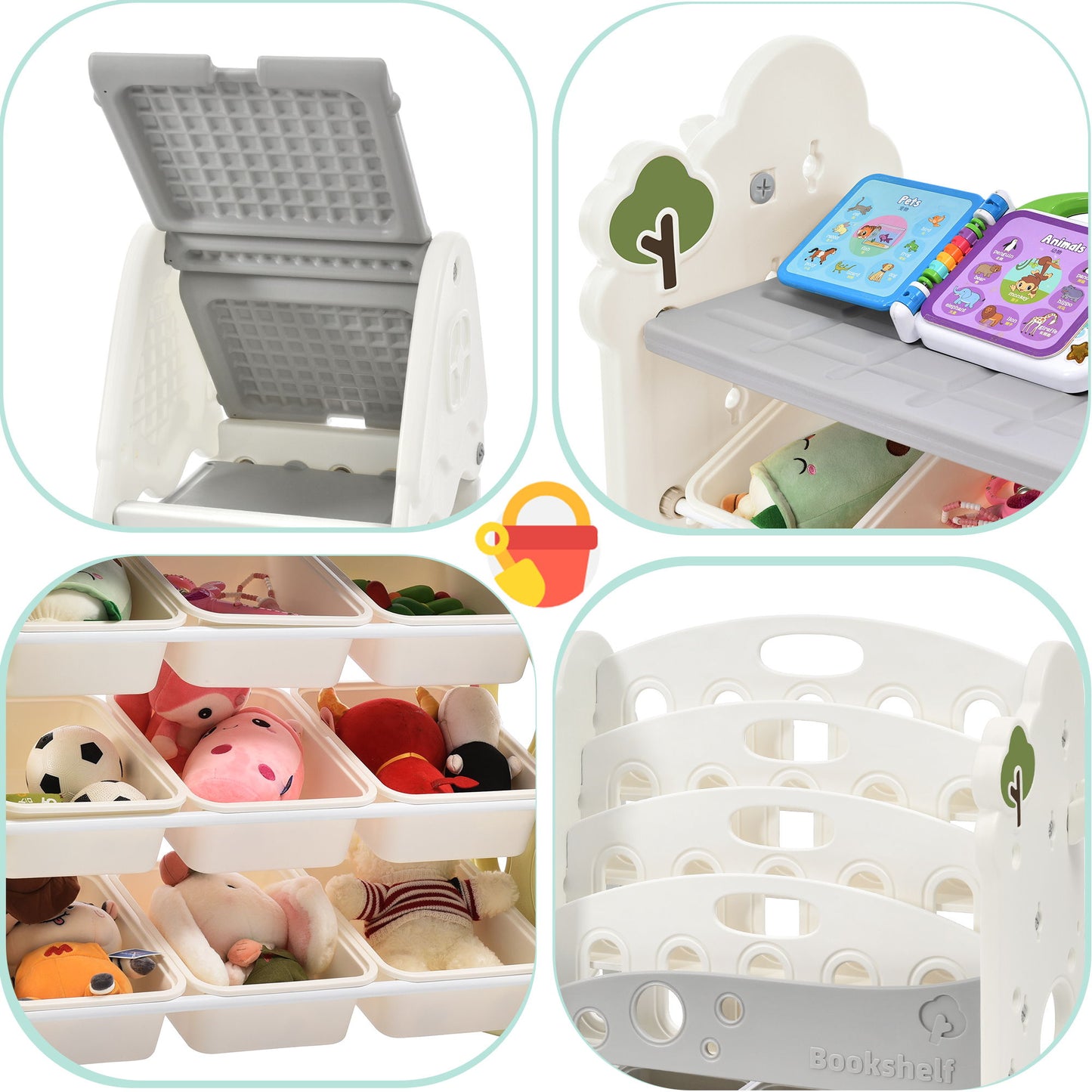 Kids Bookshelf Toy Storage Organizer With 17 Bins And 5 Bookshelves, Multi-Functional Nursery Organizer Kids Furniture Set Toy Storage Cabinet Unit With HDPE SheLF And Bins - Gray