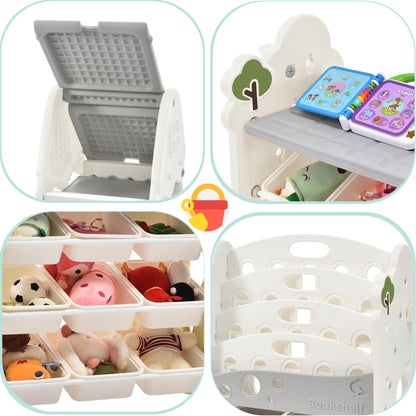 Kids Bookshelf Toy Storage Organizer With 17 Bins And 5 Bookshelves, Multi-Functional Nursery Organizer Kids Furniture Set Toy Storage Cabinet Unit With HDPE SheLF And Bins - Gray