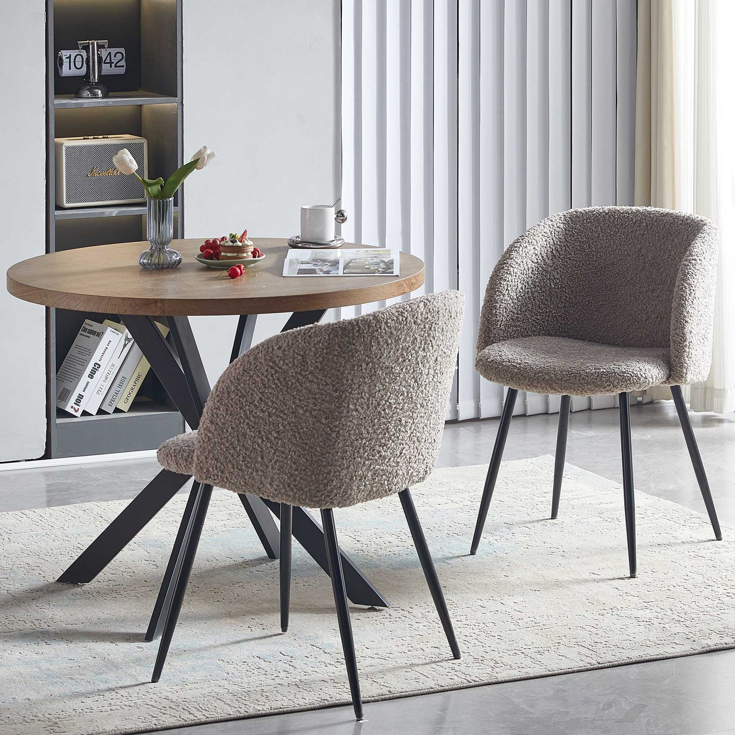 Adjust Legs Upholstered Teddy Faux Fur Dining Armrest Chair (Set of 2) - Light Brown
