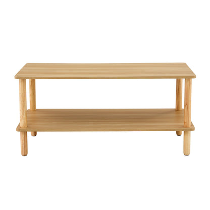 Modern 2 Tier Coffee Table For Living Room Furniture, Rectangular Center Table With Open Storage Shelf, Rounded Rubberwood Legs - Burly Wood