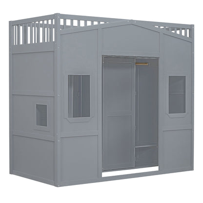 Twin Size House Loft Bed With Ladder And Wardrobe - Gray