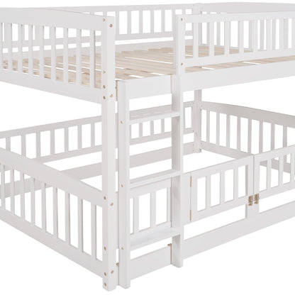 Full Over Full Low Bunk Bed With Slide, Fence And Ladder For Toddler - White
