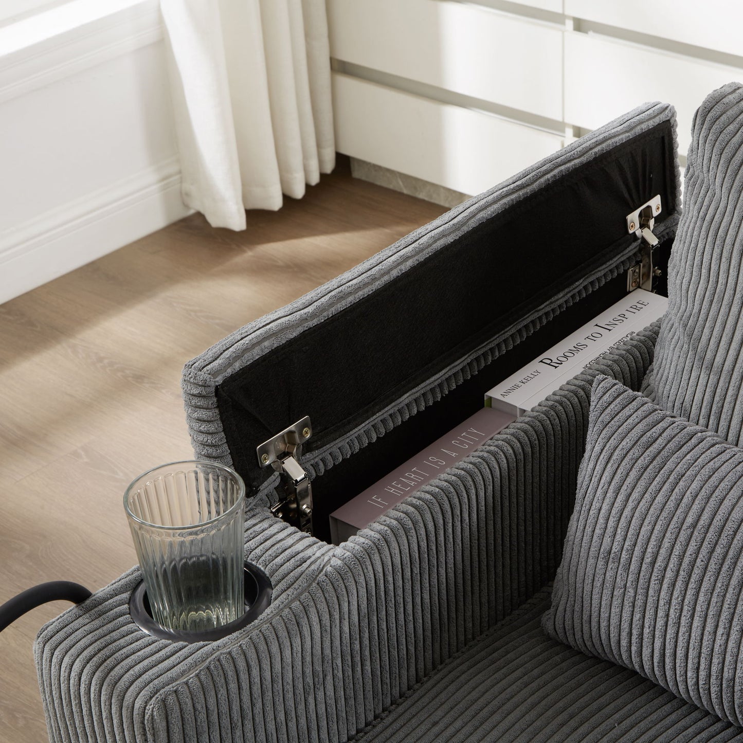 Convertible Chaise Lounge Sofa Chair Corduroy Sleeper With USB Ports, Cup Holders, Storage - Gray