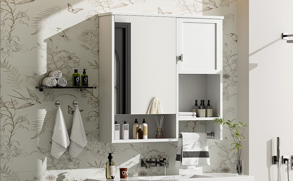 Modern Wall Mounted Bathroom Medicine Cabinet, Bathroom Wall Storage Cabinet With Mirror, Over The Toilet Space Saver Cabinet With Towels Bar - White