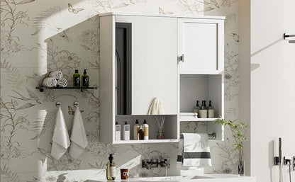 Modern Wall Mounted Bathroom Medicine Cabinet, Bathroom Wall Storage Cabinet With Mirror, Over The Toilet Space Saver Cabinet With Towels Bar - White