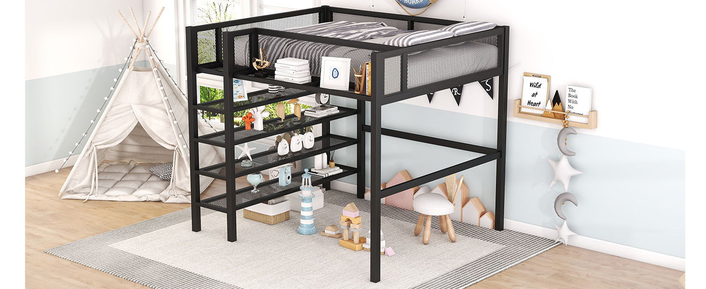 Full Size Loft Bed With 4 Tier Shelves And Storage - Black