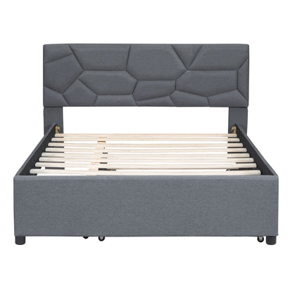 Full Size Upholstered Platform Bed With Brick Pattern Headboard And Twin Size Trundle - Gray