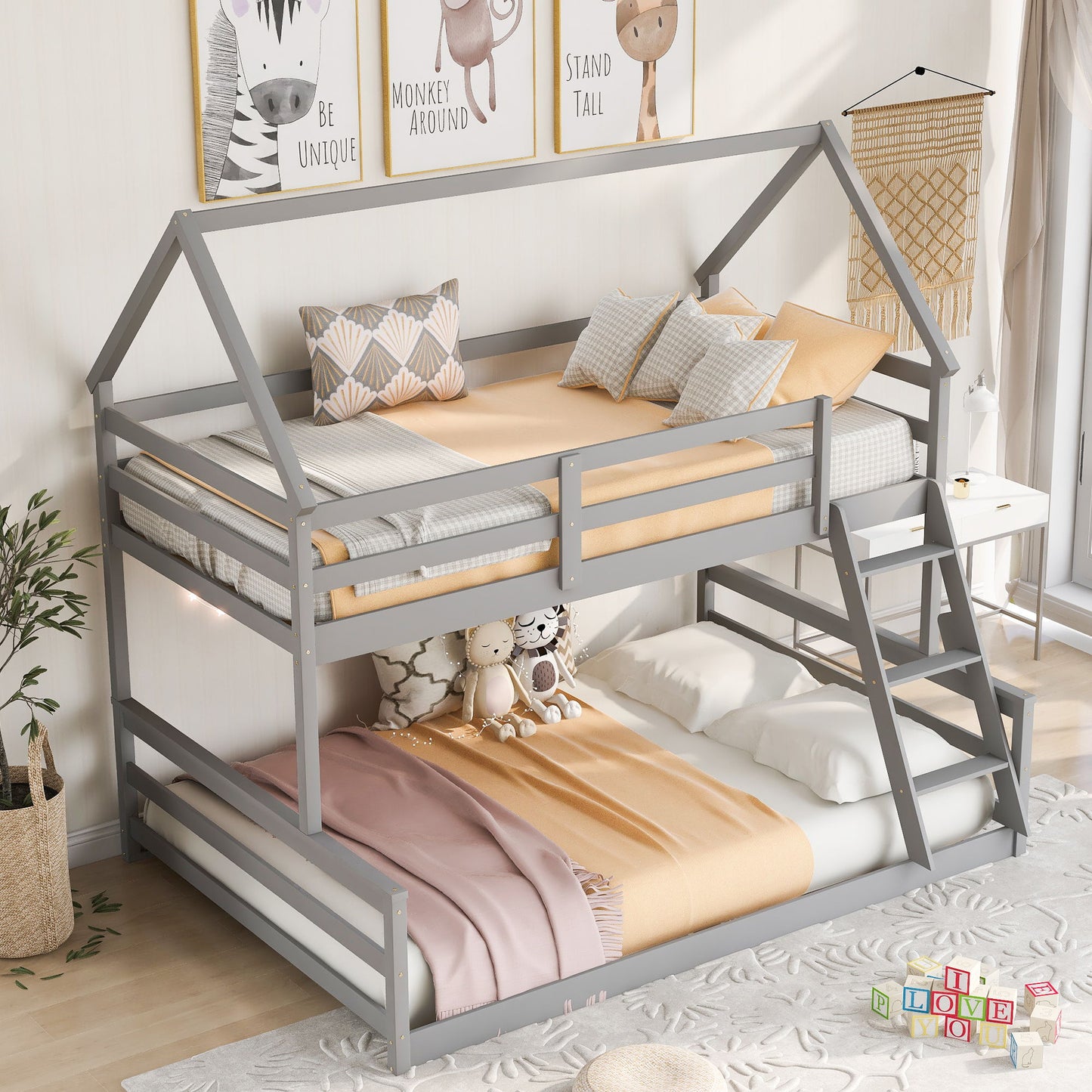 Twin Over Full House Bunk Bed With Built-In Ladder - Gray