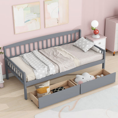 Twin Size Pine Wood Daybed With Two Storage Drawers, Sofa Bed With Bed Platform Of 10 Support Slats - Gray