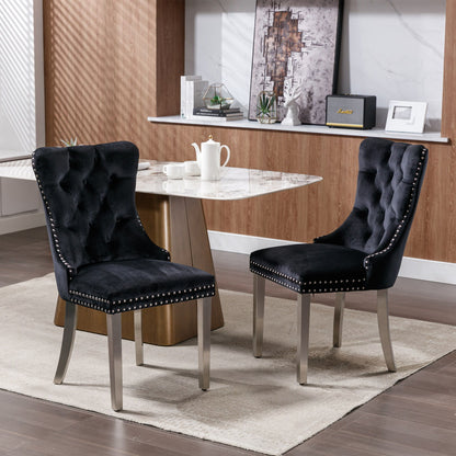 Nikki - Modern, High-End Tufted Solid Wood Contemporary Velvet Upholstered Dining Chair With Chrome Stainless Steel Plating Legs, Nailhead Trim (Set of 2) - Black / Chrome