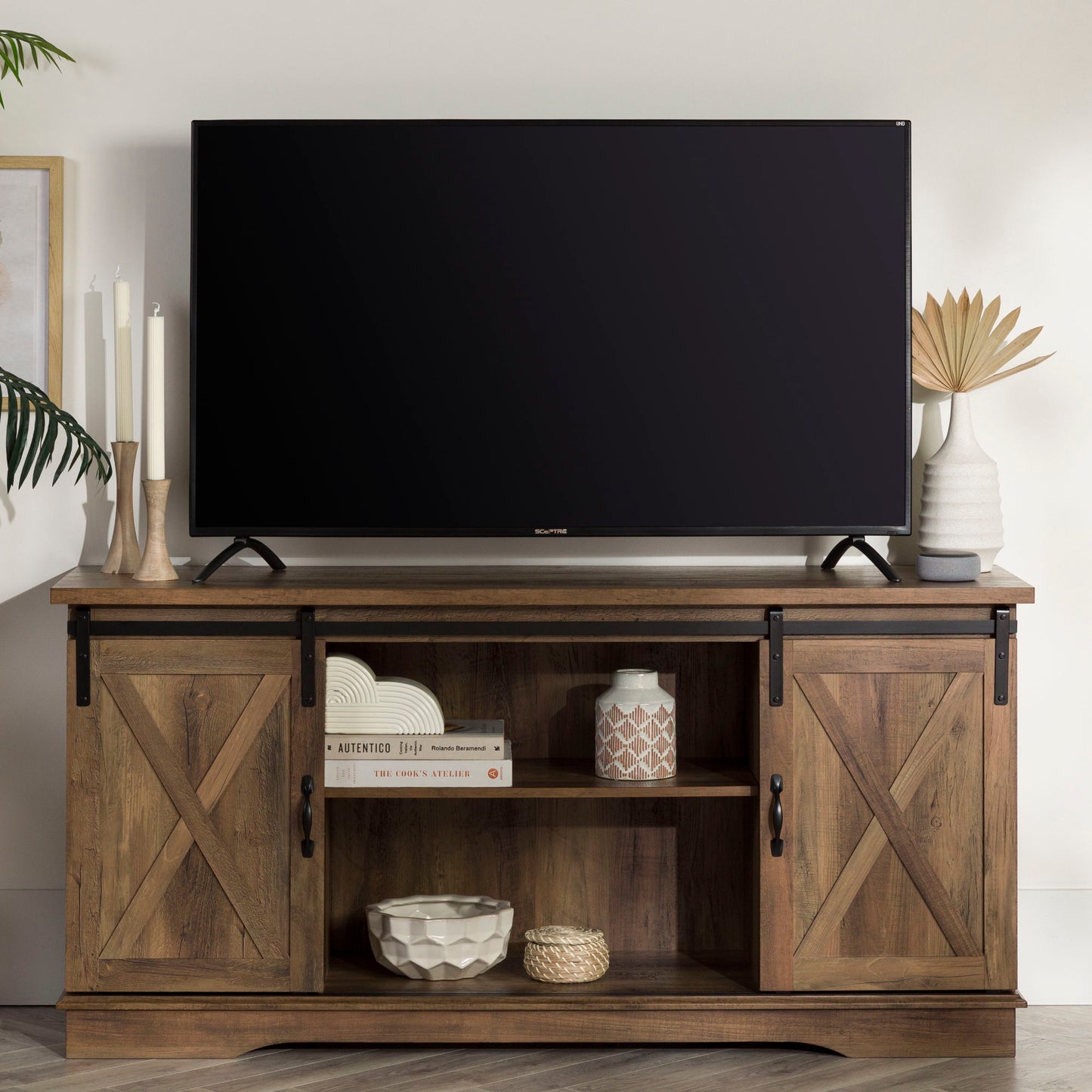 Farmhouse Sliding X Barn Door 58" TV Stand For 65" TVs - Rustic Oak