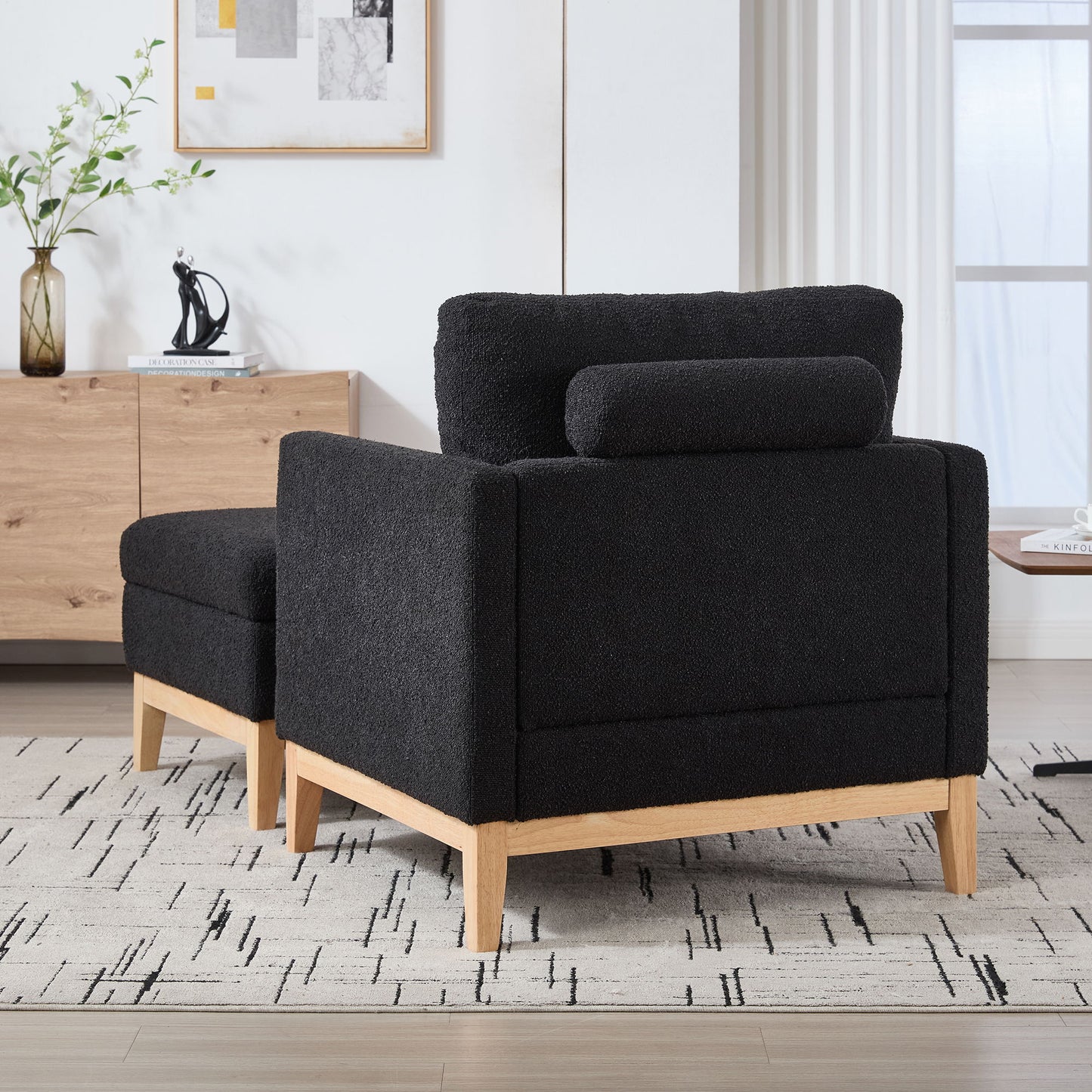 Farmhouse Upholstered Accent Chair With Ottoman Wood Base, Reversible Lid Coffee Table For Living Room - Black