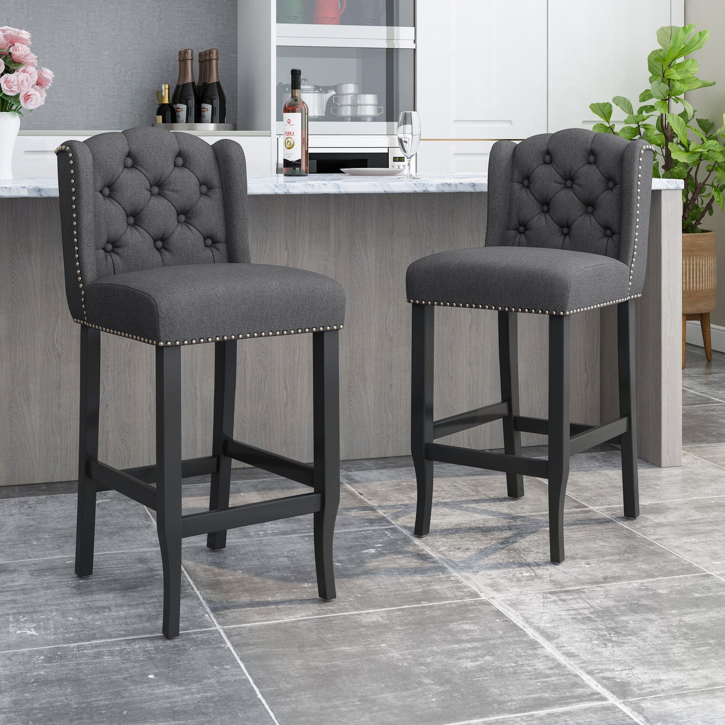 Solara - Fabric Tufted Counter Stool With Nailhead Accents (Set of 2) - Charcoal