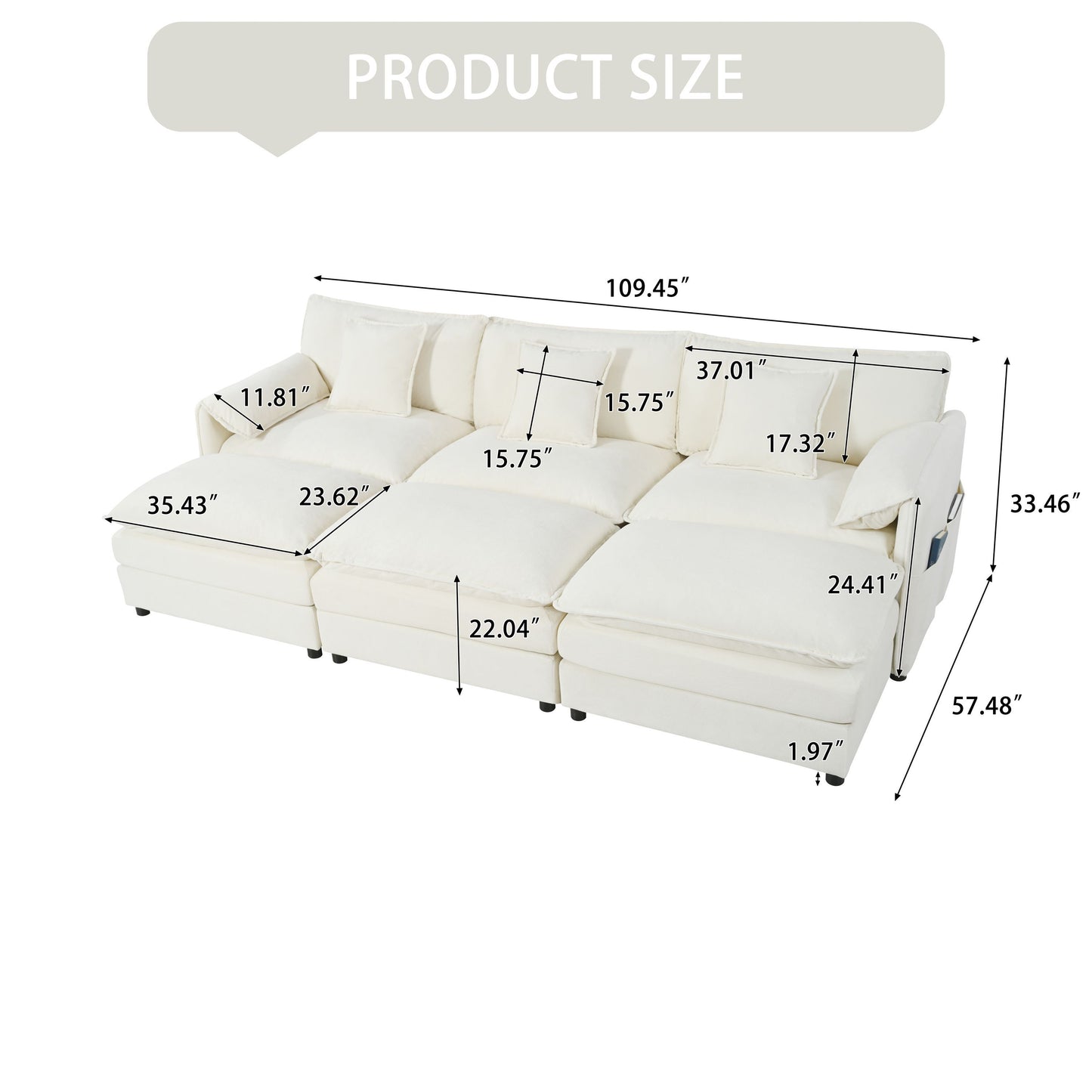 Modular Oversized Deep Seat Sectional Cloud Sofa Sleeper With 3 Ottomans & Soft Pillows - Beige