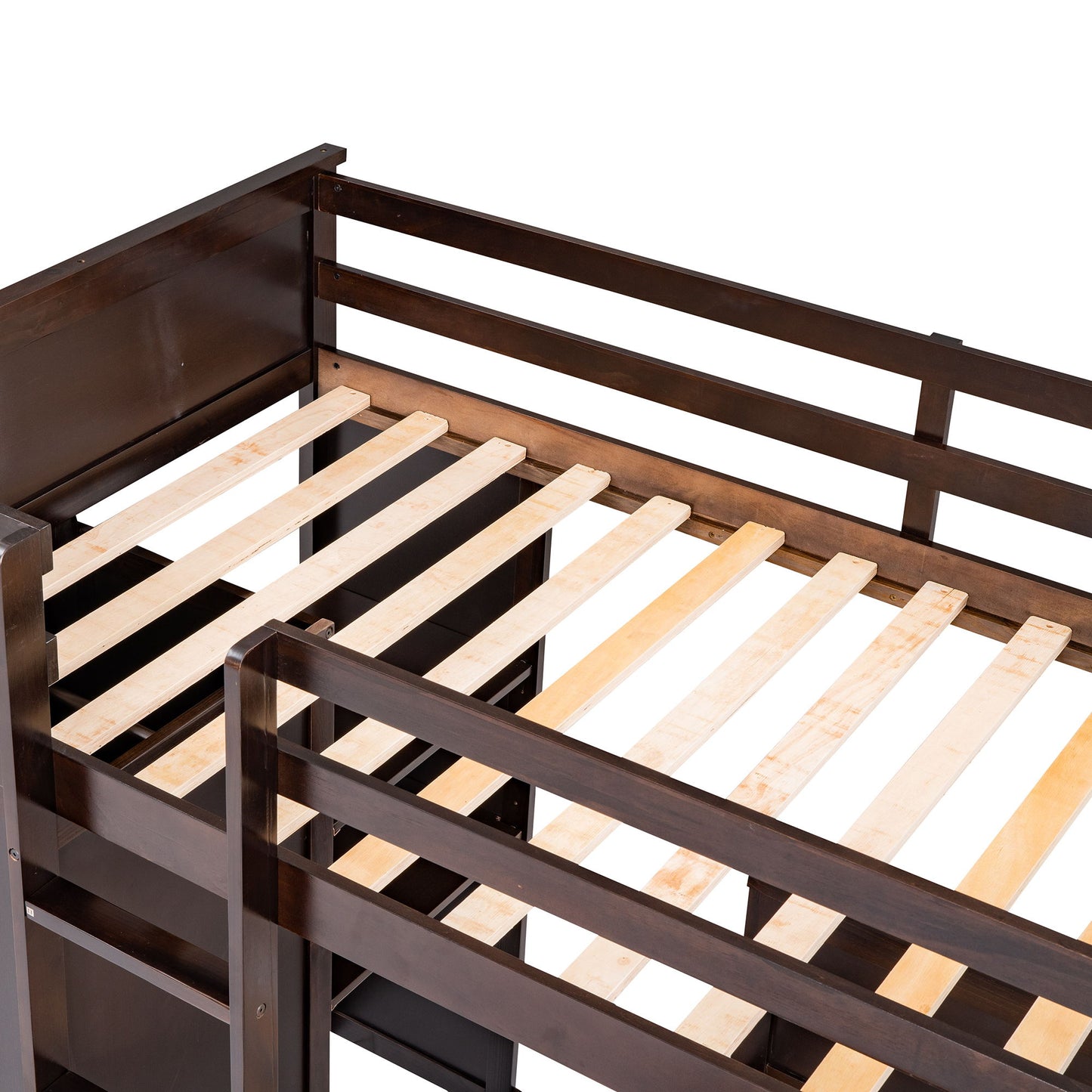 Twin Size Loft Bed With A Stand Alone Bed, Shelves, Desk, And Wardrobe - Espresso