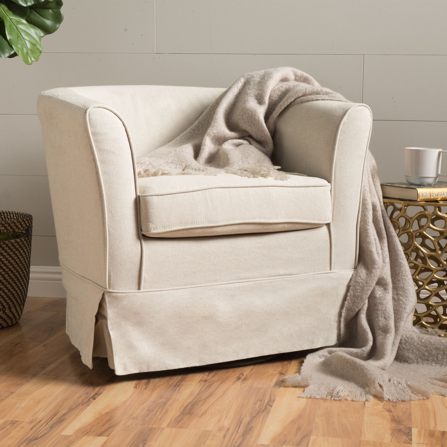 Glitter - Upholstered Swivel Chair With Loose Cover And Curved Back - Natural
