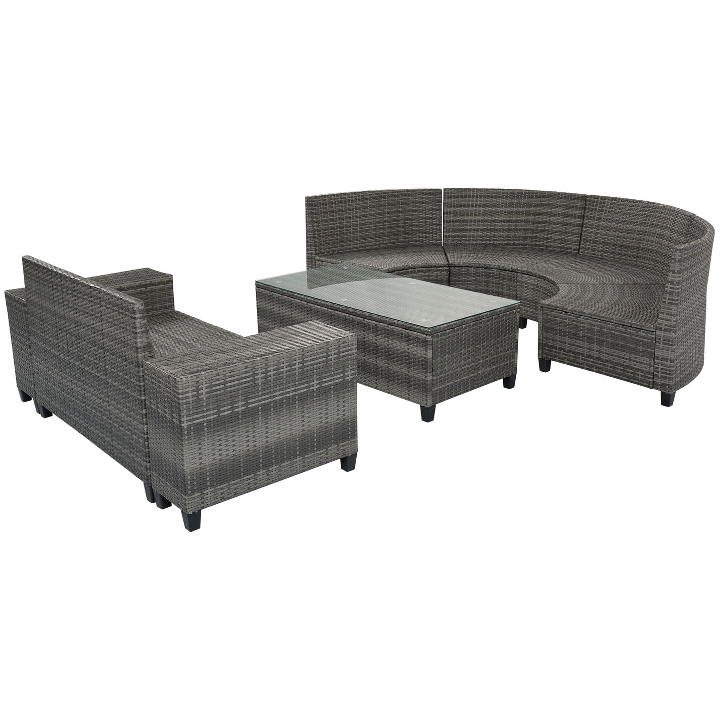 8 Pieces Outdoor Wicker Round Sofa Set, Half-Moon Sectional Sets All Weather, Curved Sofa Set With Rectangular Coffee Table, PE Rattan Water-Resistant And UV Protected, Movable Cushion - Gray