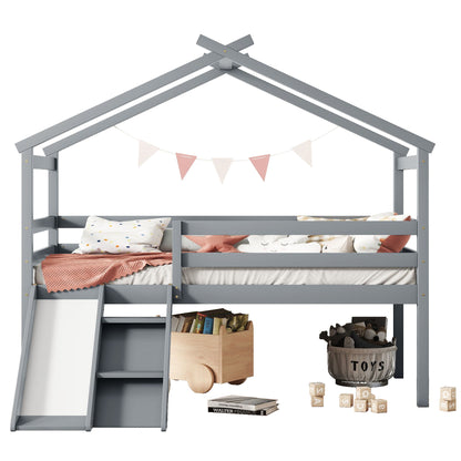 Twin Low Loft House Bed With Slide, Ladder, Safety Guardrails, House Roof Frame - Gray