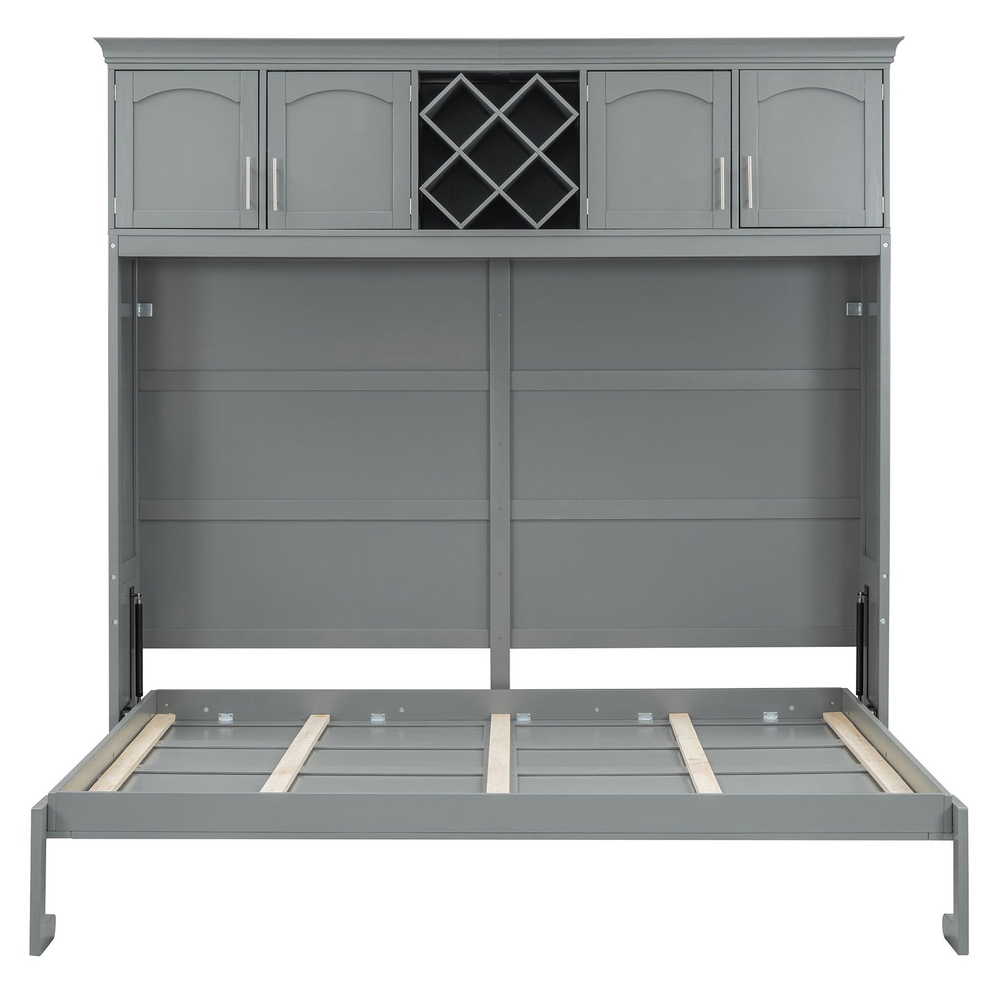 Queen Size Murphy Wall Bed With Top Cabinets & Wine Rack - Gray