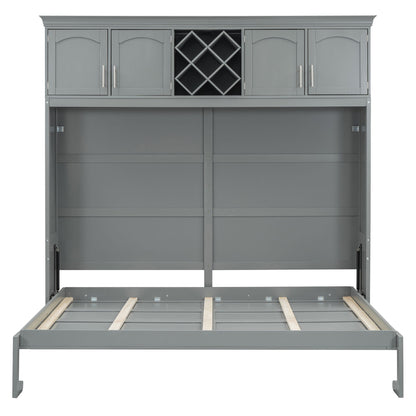Queen Size Murphy Wall Bed With Top Cabinets & Wine Rack - Gray