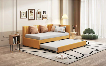 Upholstered Daybed With Trundle Twin Size Sofa Bed Frame No Box Spring Needed, Linen - Yellow