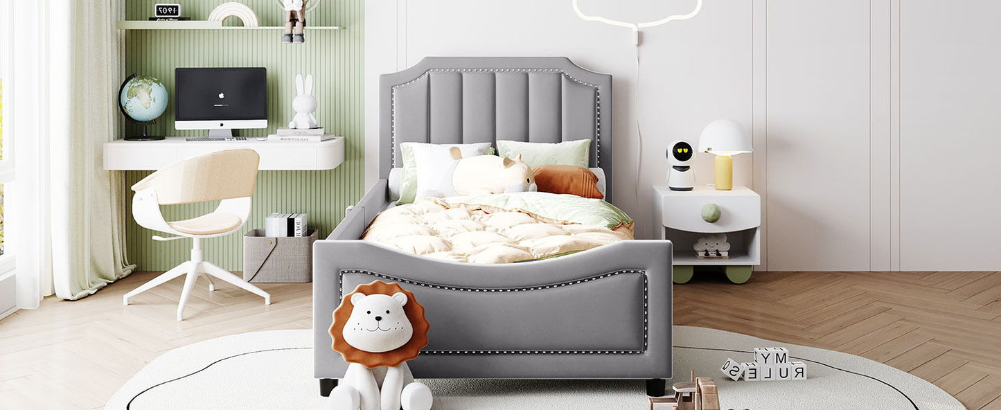 Twin Size Upholstered Daybed With Classic Stripe Shaped Headboard - Gray