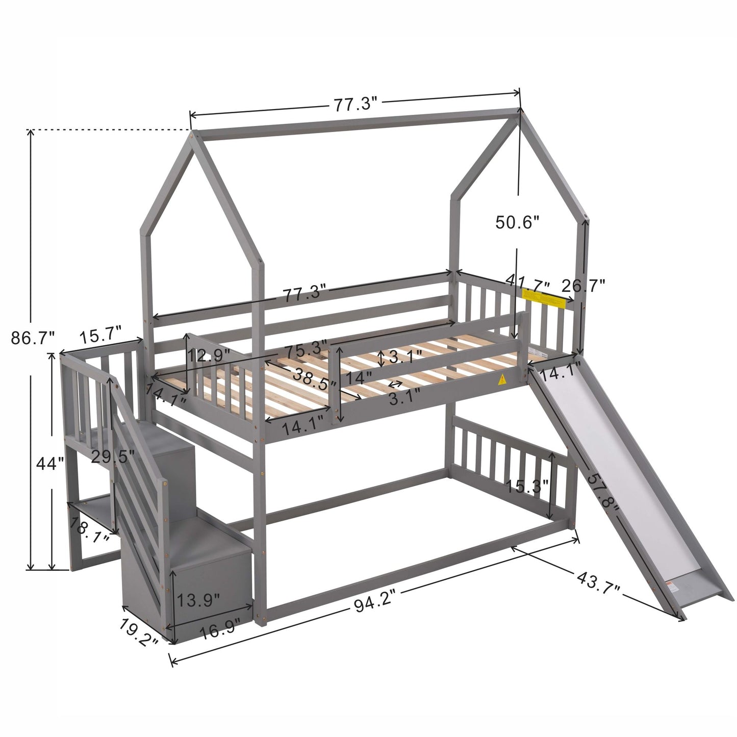 Twin Over Twin House Bunk Bed With Convertible Slide, Storage Staircase Can Be Placed Left Or Right - Gray