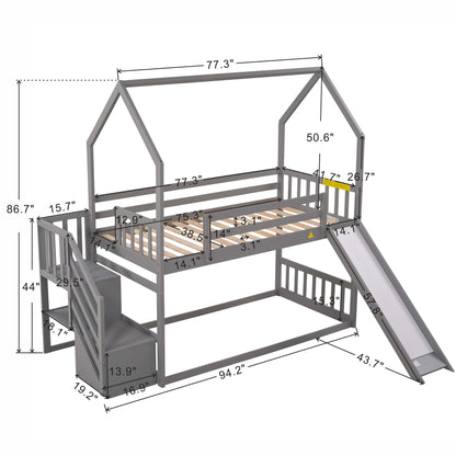 Twin Over Twin House Bunk Bed With Convertible Slide, Storage Staircase Can Be Placed Left Or Right - Gray