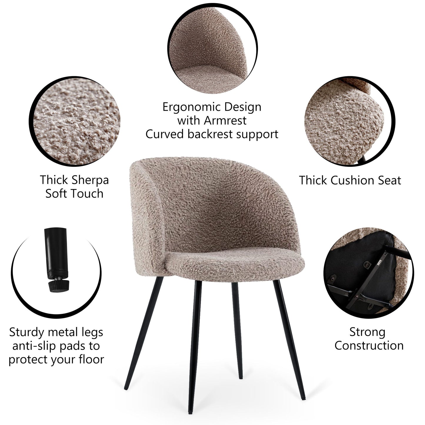 Adjust Legs Upholstered Teddy Faux Fur Dining Armrest Chair (Set of 2) - Light Brown