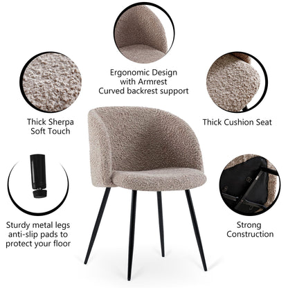 Adjust Legs Upholstered Teddy Faux Fur Dining Armrest Chair (Set of 2) - Light Brown