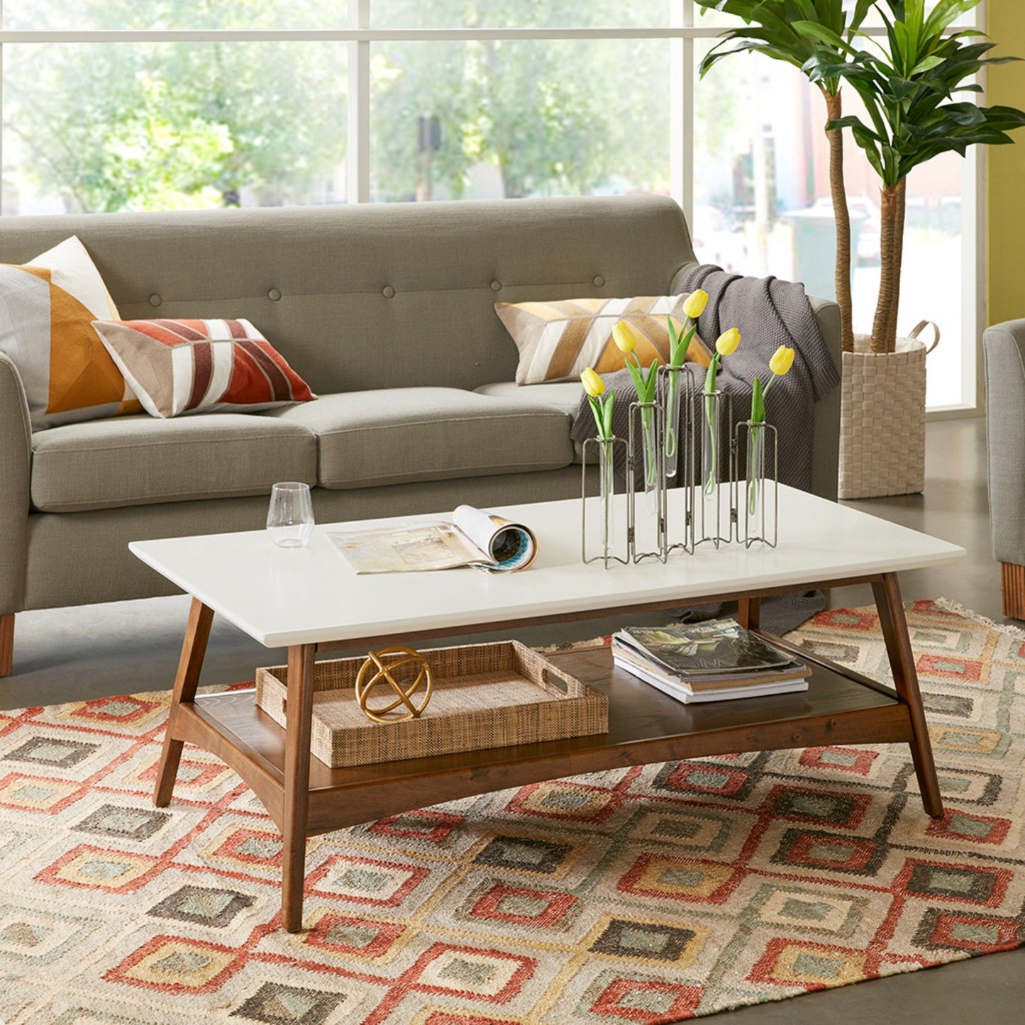Mid - Century Modern Coffee Table Lower Shelf - Off White / Pecan