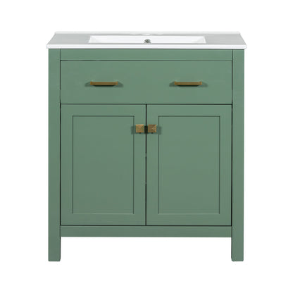 Bathroom Vanity With Ceramic Sink, Modern Single Bathroom Cabinet With 2 Doors And A Shelf, Soft Close Doors - Green